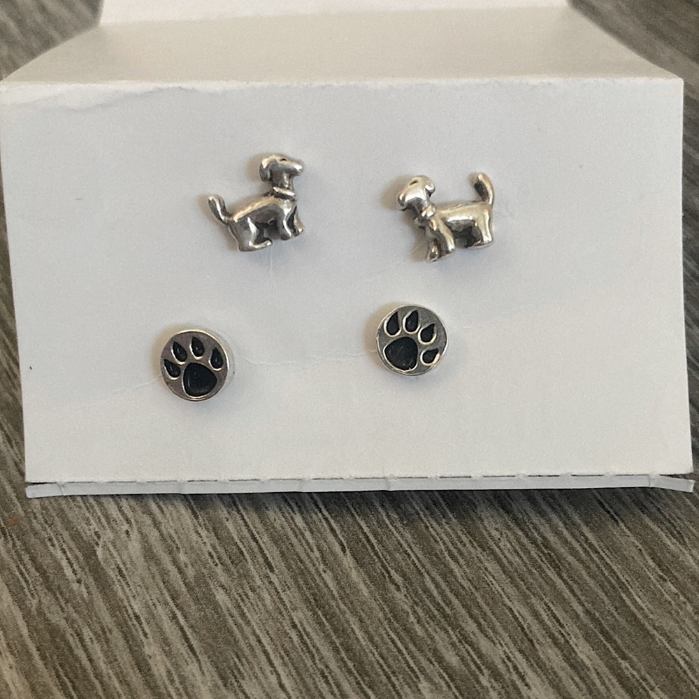 Sterling Silver Dog and Dog Paw Earring Set